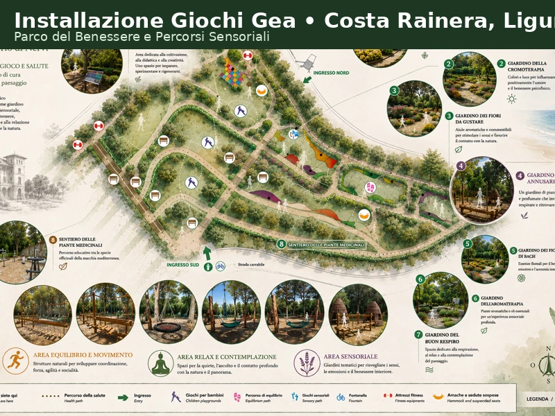 Progettazione Aree Ludiche 4 Tavola di progetto del Parco del Benessere di Costarainera in Liguria con percorsi panoramici, aree fitness outdoor e vista sul mare