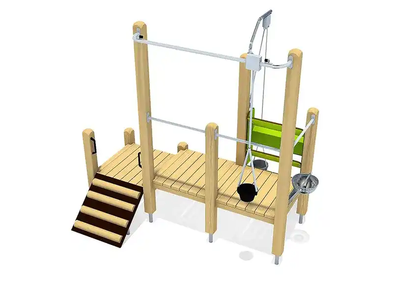 Rendering laterale della struttura gioco in legno destinata all'area giochi del Bagno Arcobaleno