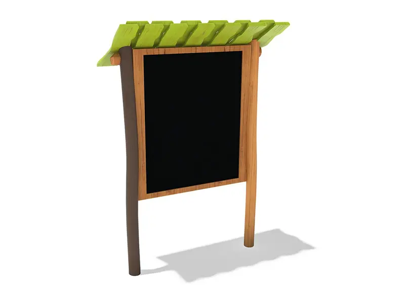 Lavagna in legno per bambini installata in un parco giochi inclusivo.