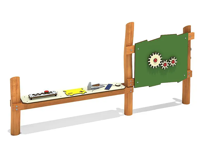 Pannello gioco sensoriale inclusivo in legno per aree gioco e parchi pubblici.