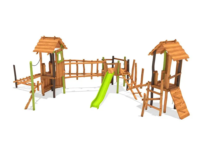 Struttura gioco multifunzione in legno con torri, ponti e scivolo.