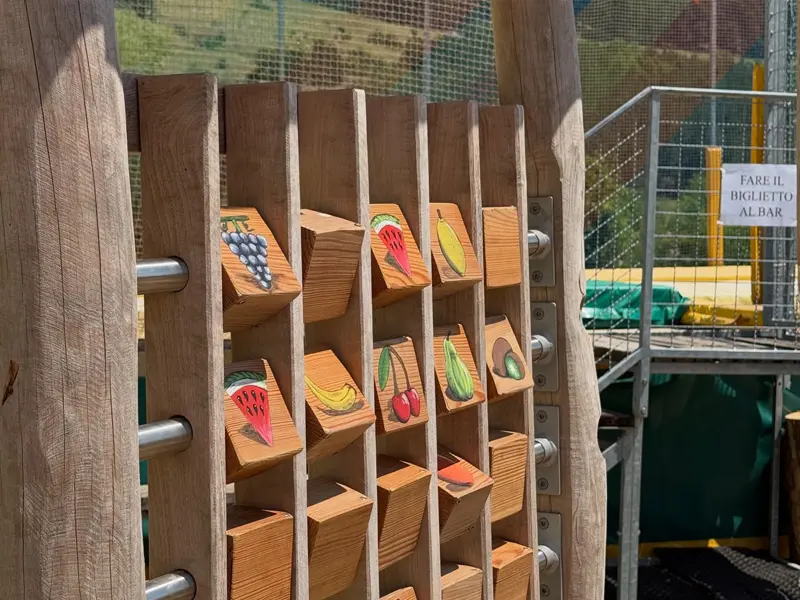 Nuovo parco giochi in legno a Pescasseroli: natura, inclusione e divertimento nel cuore del Parco Nazionale d'Abruzzo 176 Gioco sensoriale in legno con attività educative per bambini.